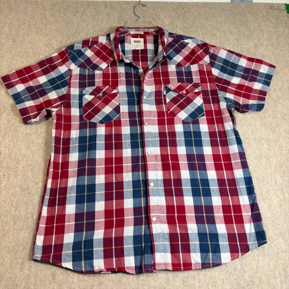 Levi's Western Shirt XXL Red Blue Plaid‎ Cotton Blend Snap Front Classic Cowboy